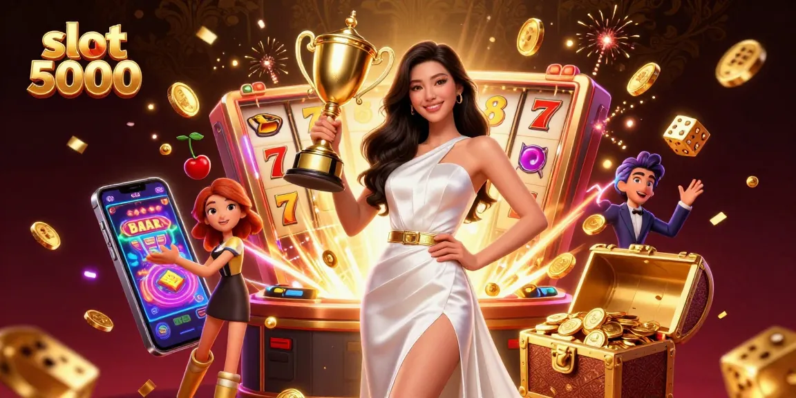 Experience slot 5000 jackpots with a triumphant Asian woman holding a trophy amidst vibrant casino elements.