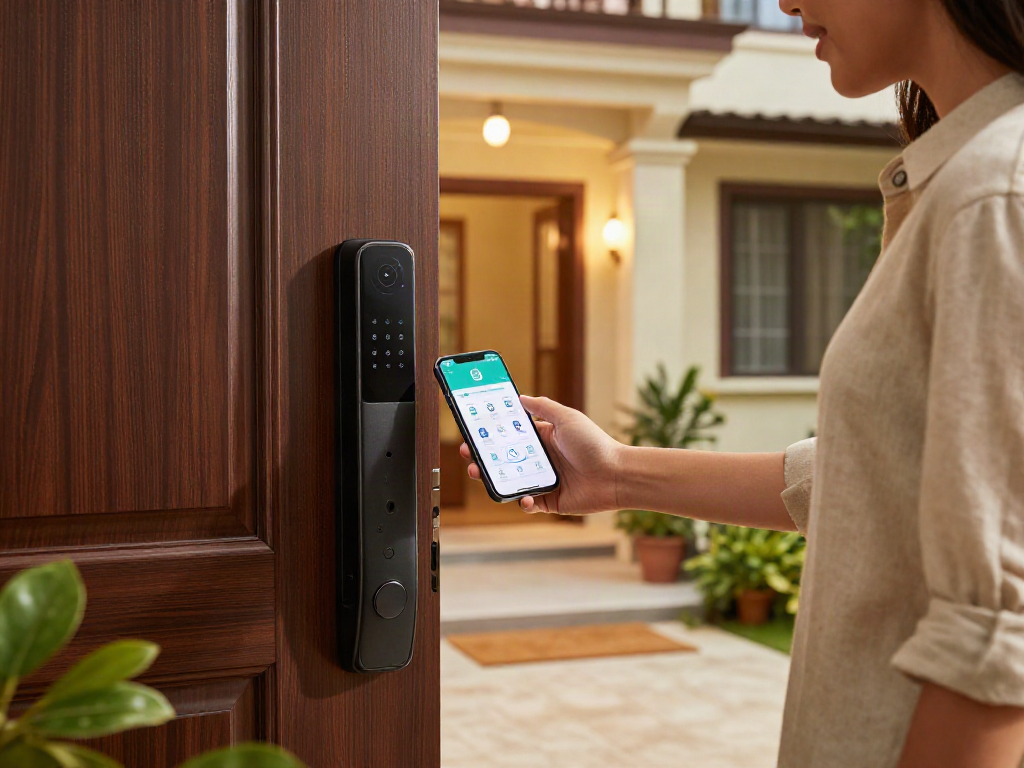Secure and modern قفل هوشمند being demonstrated at home entrance with smartphone app.