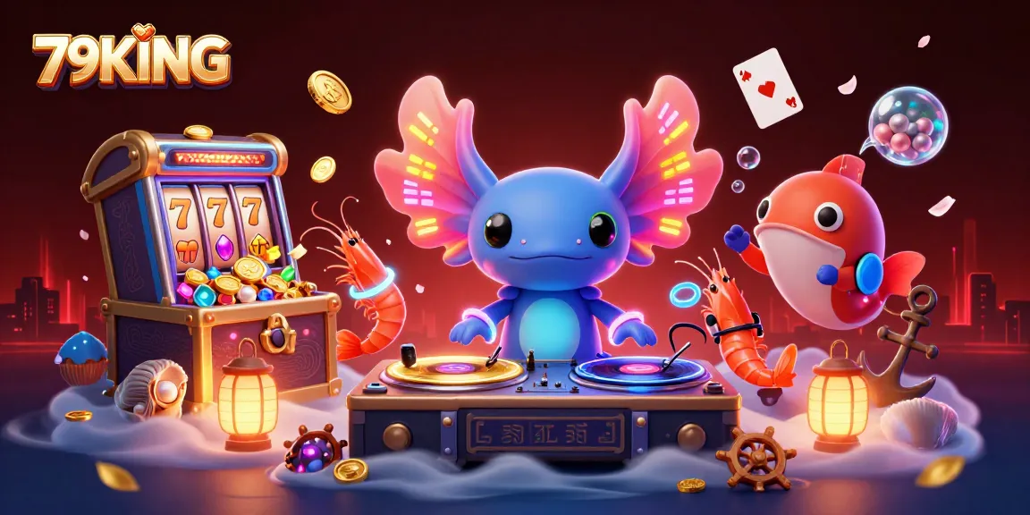 Experience the excitement of 79KING with a vibrant underwater party scene showcasing an axolotl DJ.