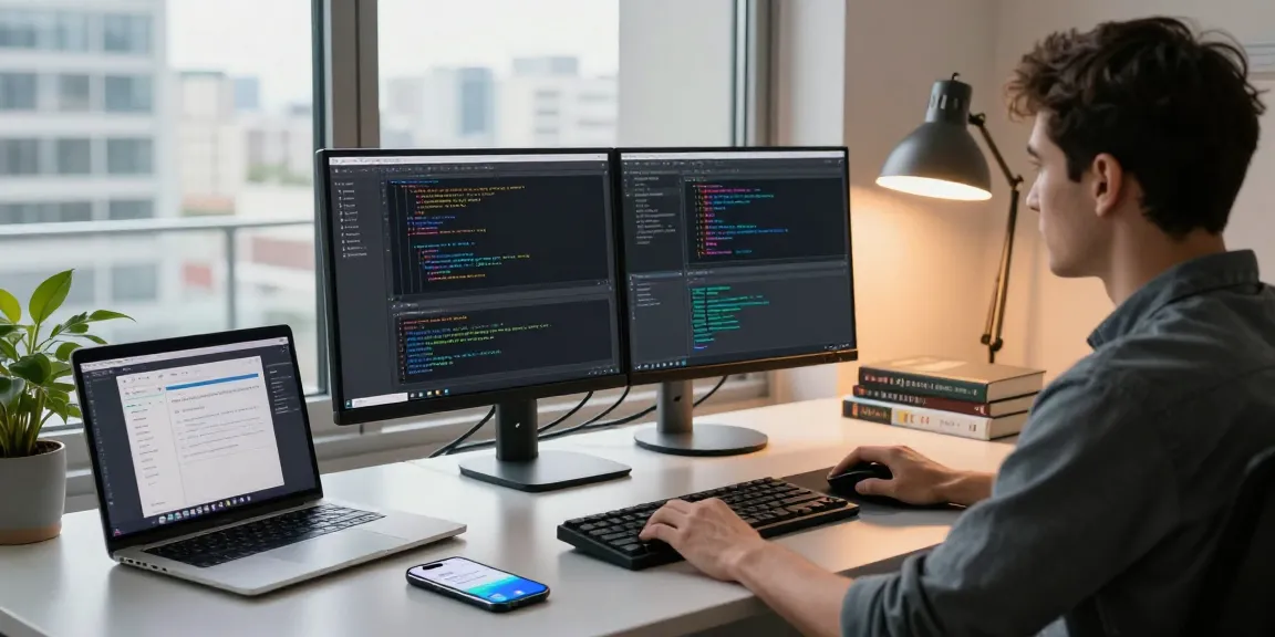 Developer working in a modern tech space on code for teiegramin.com, surrounded by dual monitors and design tools.