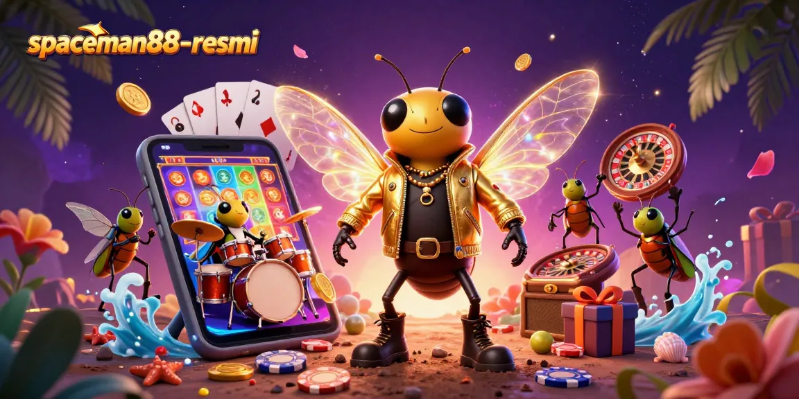 Experience the excitement of spaceman88-resmi with a dynamic casino scene featuring a rock star, vibrant slot games, and thrilling action.