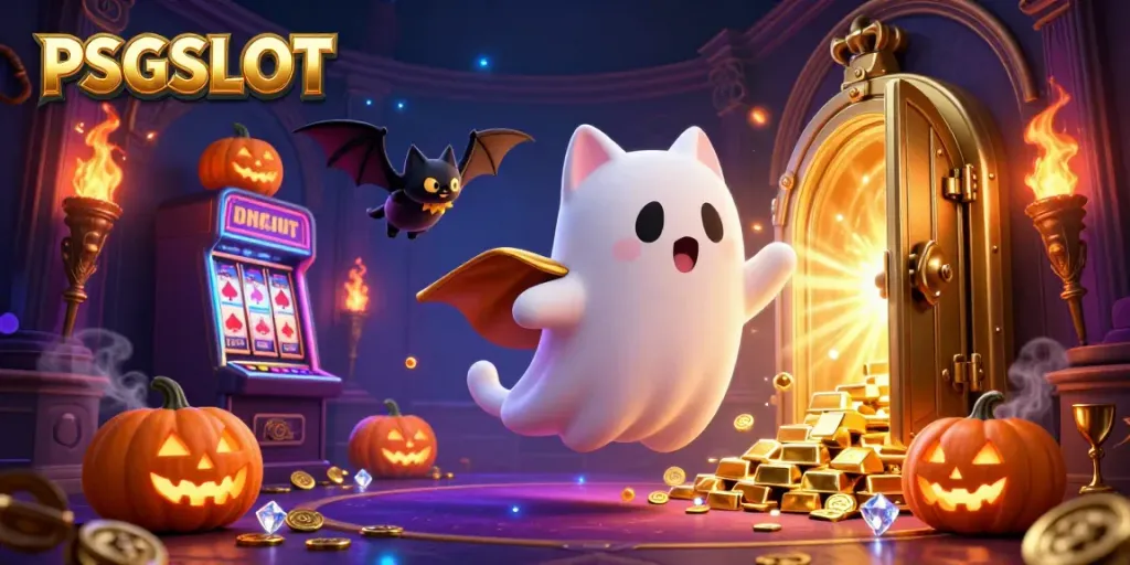 Gamer mengunjungi PSGSLOT dengan suasana kasino yang dihiasi dengan kucing hantu dan harta karun magis.