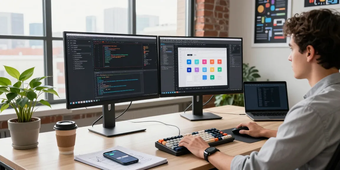 Developer coding at a modern workspace on telegraimin.com with dual monitors and application designs.