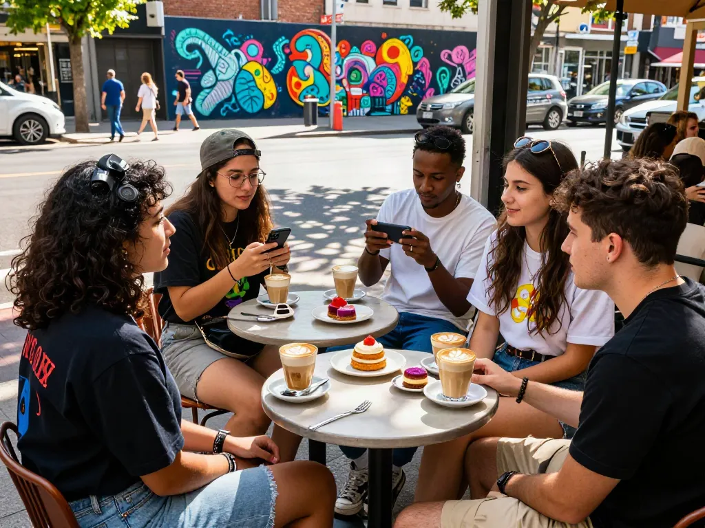 Friends enjoying vibrant café moments reflecting rokok88 lifestyle with streetwear and local culture.