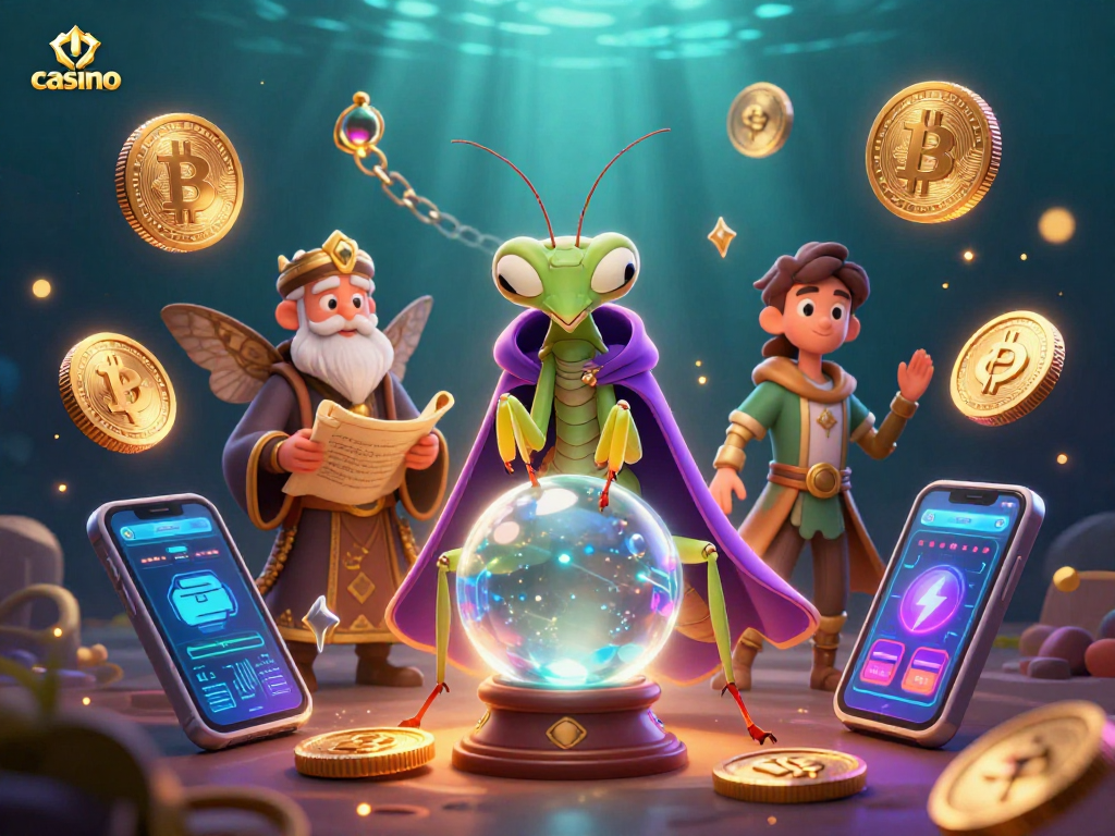 Engage with a captivating casino scene featuring mystical fortune teller characters and vibrant crypto elements.
