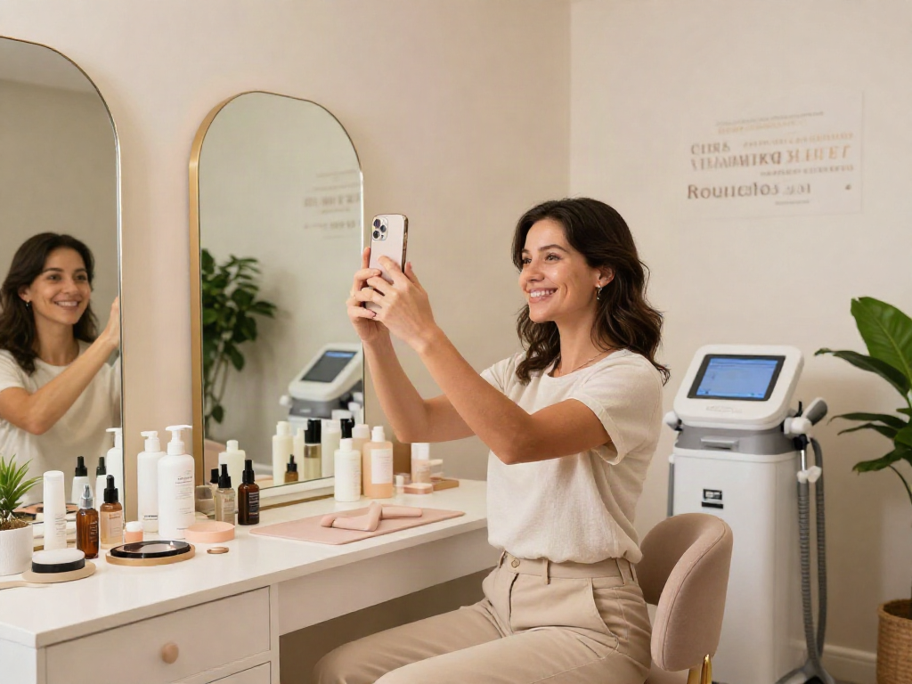 A woman smiles while taking a selfie with her smartphone, curious about how old do I look, in a bright beauty studio with skincare products.