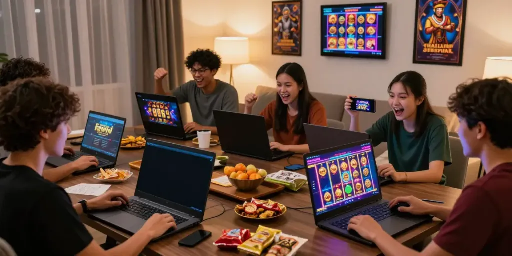 Players enjoying slot server Thailand games in a vibrant living room, showcasing excitement and engagement.