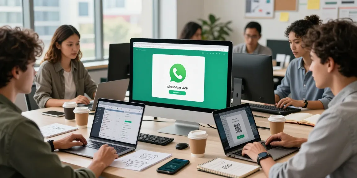 Team collaborating on WhatsApp網頁版 features in a modern office workspace.