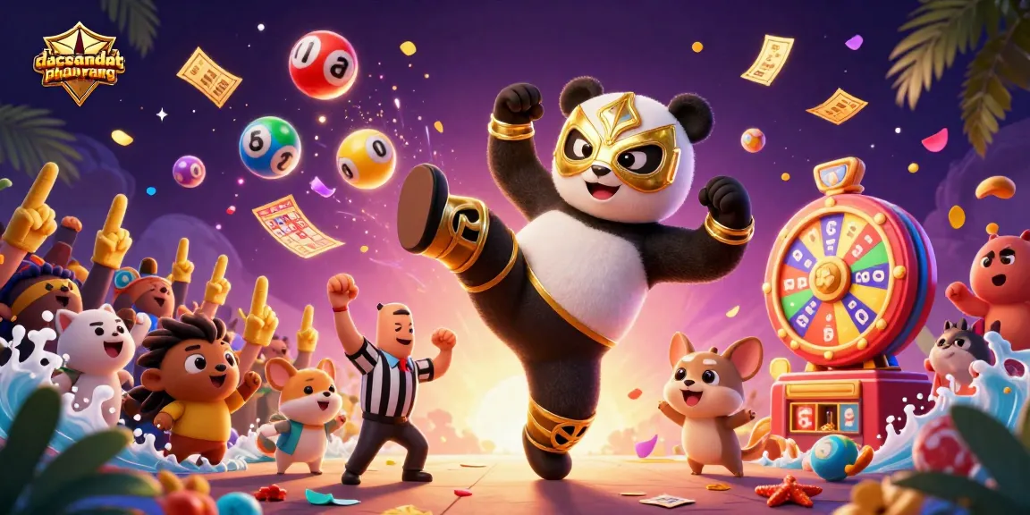 Play and win at dacsandatphanrang with an exciting scene of a panda wrestler, vibrant lottery balls, and thrilling casino vibes.