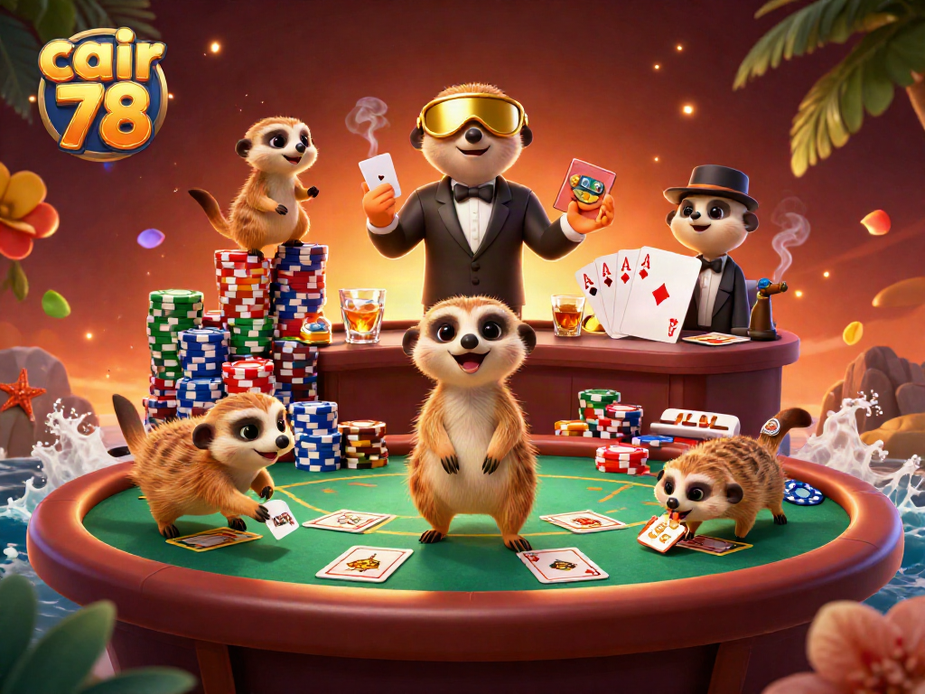 Taruhan lemparan chip cair 78 oleh koloni meerkat di kasino mewah dengan suasana yang dinamis dan ceria.