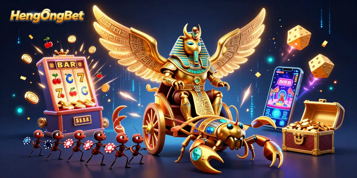 Experience excitement at HengOngBet with a vibrant 3D casino scene featuring golden scarabs and dynamic game elements.