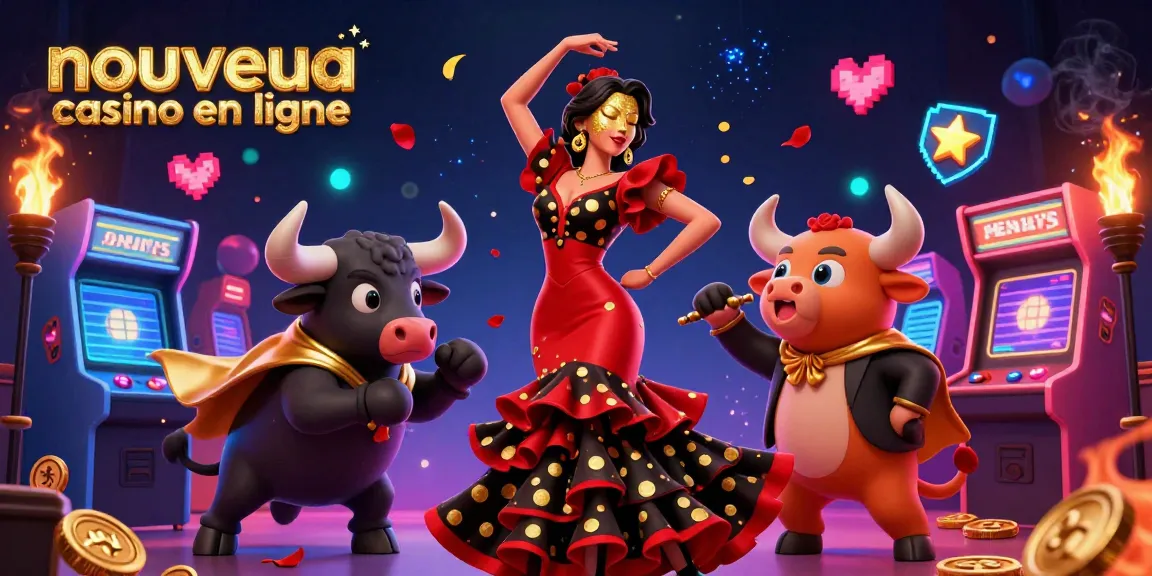 Vivez l'excitation du nouveau casino en ligne avec une illustration 3D vibrante mettant en avant des éléments de casino et une danseuse de flamenco.