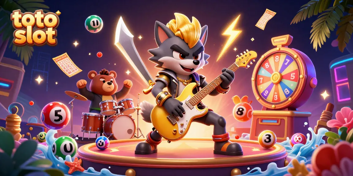 Toto slot gaming scene with a rock star wolf and drummer bear amidst lottery balls and a prize wheel.