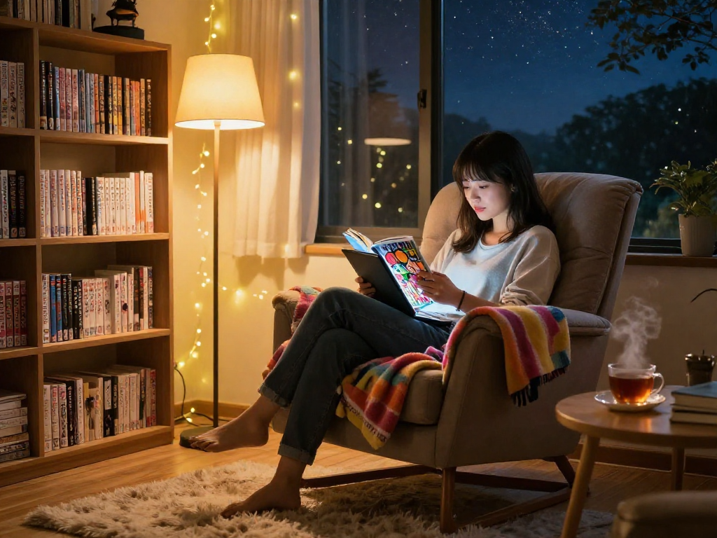 Read Hitomi Manga Online in a cozy scene featuring a reader enjoying vibrant manga by warm light.