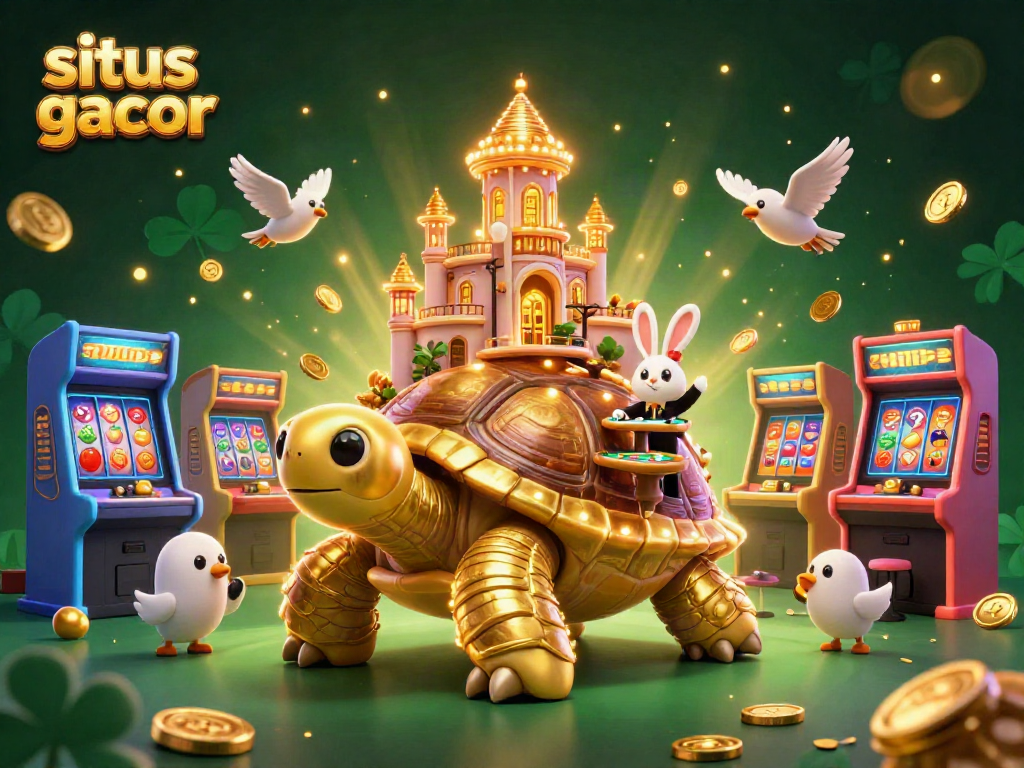 Experience situs slot gacor with a vibrant 3D casino scene featuring a tortoise, rabbit dealer, and flying gold.
