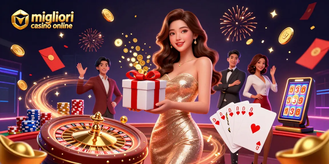 Migliori casino online esperienza con una bella donna che festeggia con monete e elementi festivi in una scena di casinò accogliente.