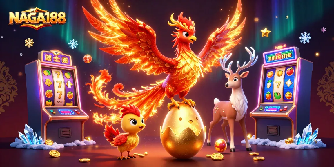 NAGA188 mempresentasikan phoenix berapi dan mesin slot mengkilap, penuh warna dan detail sihir.