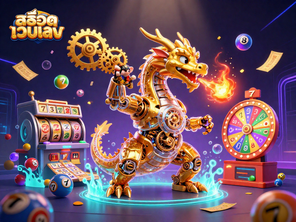 Engage with สล็อตเว็บตรง and win on dynamic slots and lottery games in this vibrant illustration.