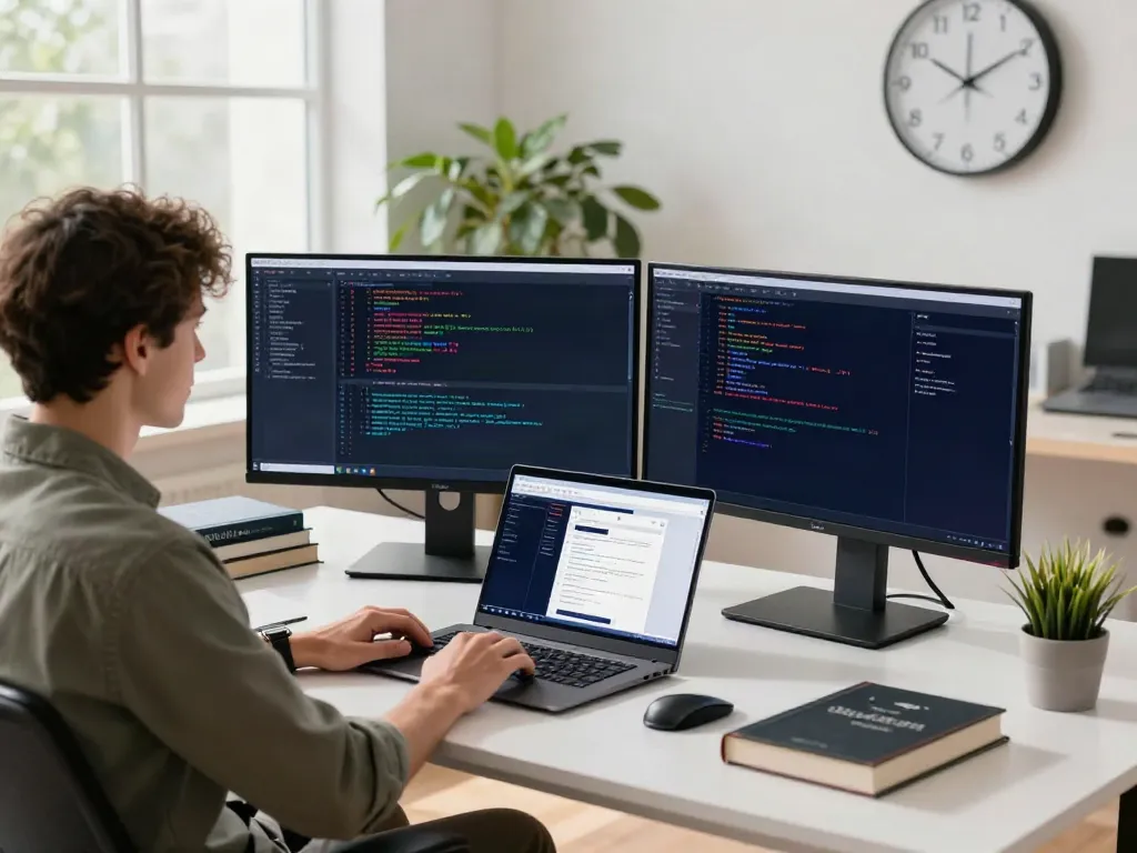 Brave浏览器 developer coding on dual monitors in a bright workspace