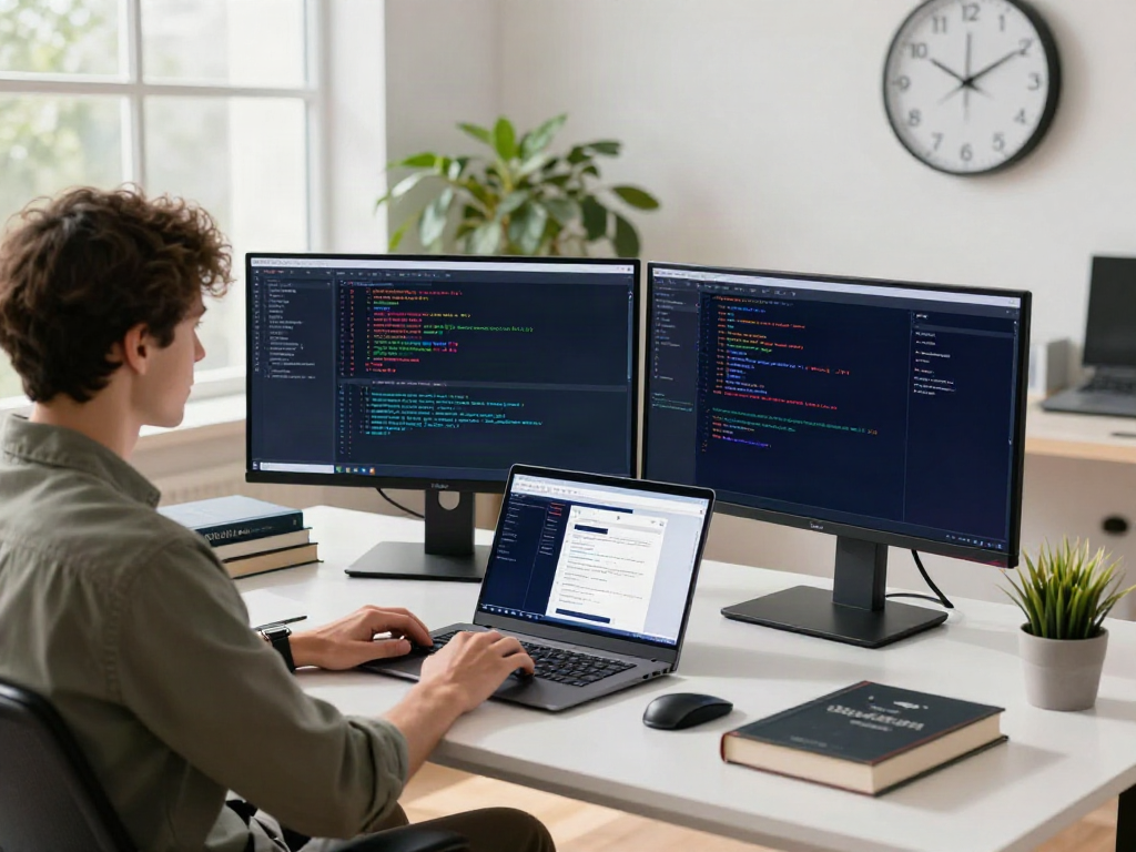 Brave浏览器 developer coding on dual monitors in a bright workspace