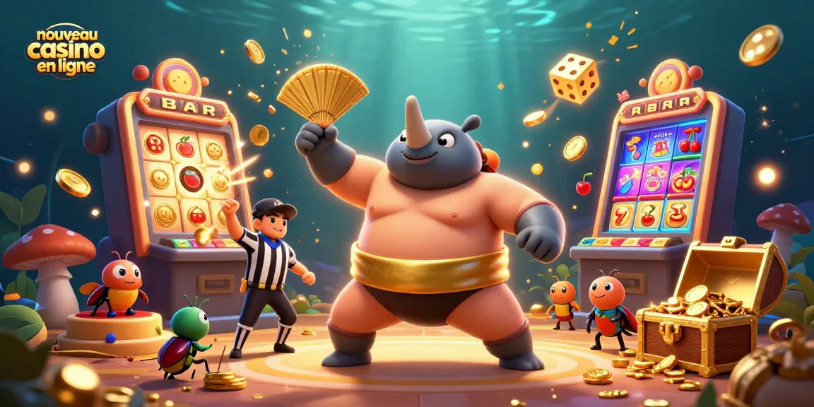 Illustration d'un nouveau casino en ligne avec un rhinocéros caricatural champion Sumo, des jetons, et des machines à sous.