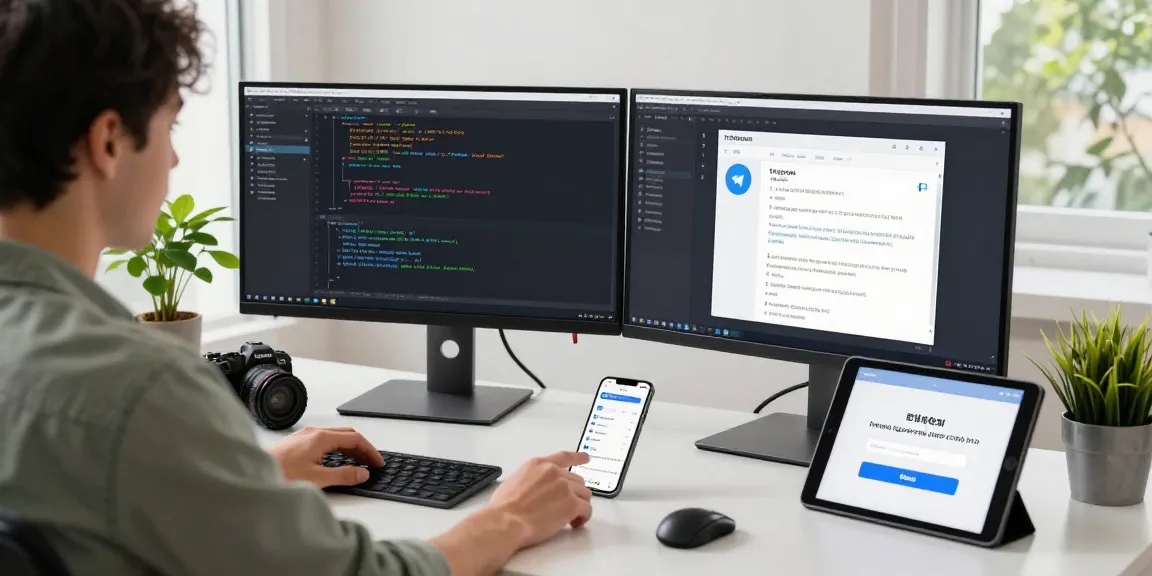 Explore Telegram Chinese features through a detailed tech workspace scene highlighting coding and user interface.