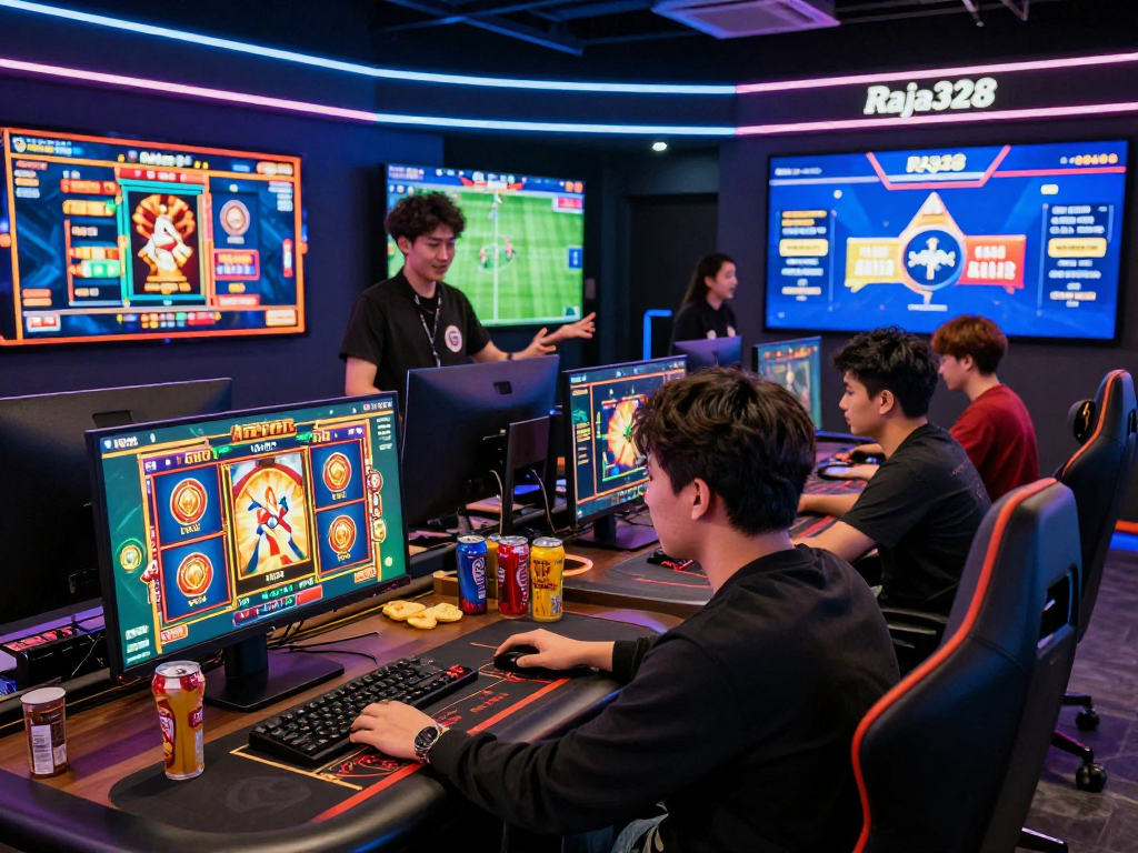 Engaged players enjoying online gaming activities on the Raja328 platform, showcasing excitement and modern gaming setup.