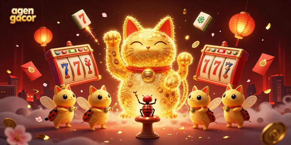 Festively embracing agen gacor, a lucky cat composed of golden fireflies, draws in players with vibrant casino symbols.