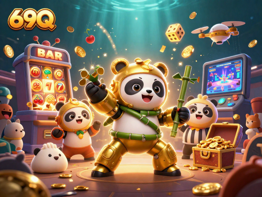 Atraia jackpots e diversão com 69Q em uma cena vibrante de cassino com panda e robô