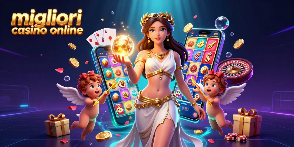 Interagisci con i migliori casino online attraverso splendide immagini 3D che presentano una dea, personaggi di Cupido e elementi di gioco dinamici.