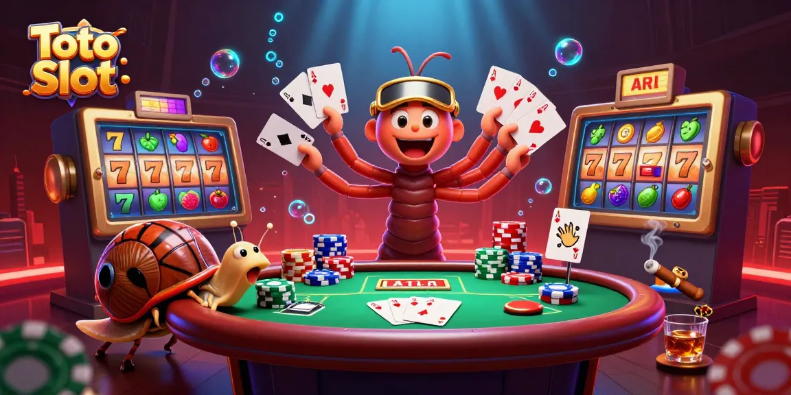 Toto Slot: Dealer kartun 3D dengan berbagai kartu, chip besar dan simbol buah dalam suasana kasino yang meriah.