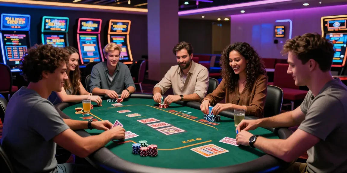 Friends enjoying a lively game at usa online casinos with vibrant atmosphere and engaging digital displays.