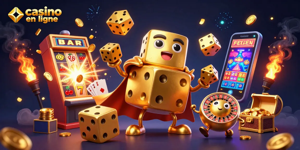 Jouez à des jeux de casino en ligne avec ce golem en dés dorés et machines à sous brillantes.