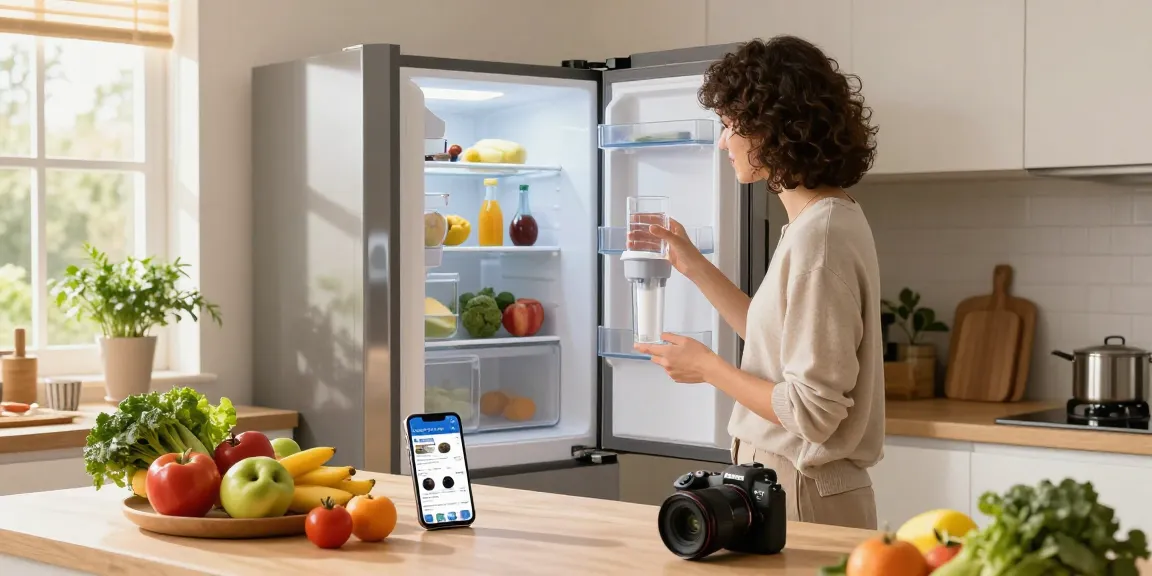 Individual examining AQUA CREST Replacement for GE® RPWFE® filter in a bright kitchen, surrounded by fresh produce.