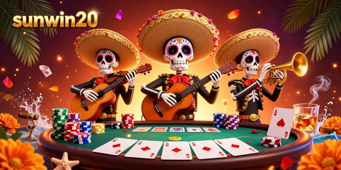 Play exciting games at sunwin20 with vibrant mariachi band illustration, poker scenes, and festive elements.