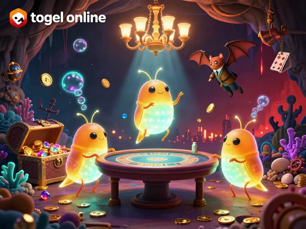 Engaging glowworms illuminate an enchanting cave casino while playing togel online amidst treasures.