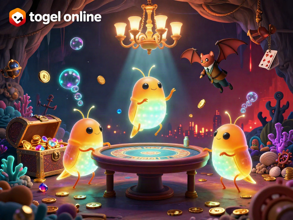 Engaging glowworms illuminate an enchanting cave casino while playing togel online amidst treasures.