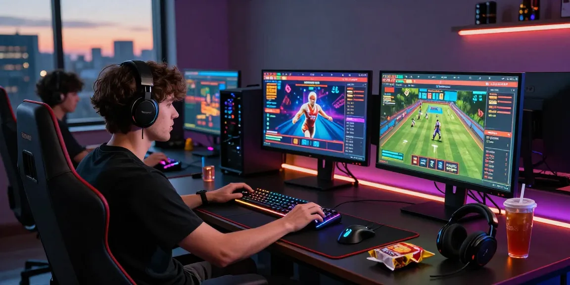 Engaged gamer at https://raja328maen.com/ immersed in vibrant online casino games, surrounded by modern tech.