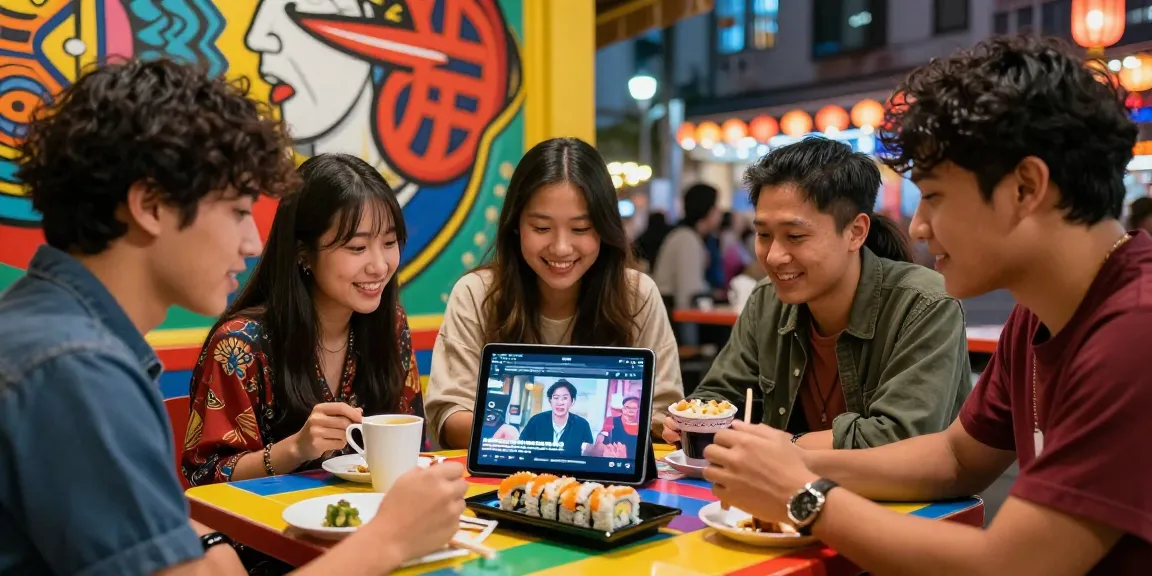 Friends exploring Asian culture through Spanish content on https://hanadultalk.com, enjoying food and street art.