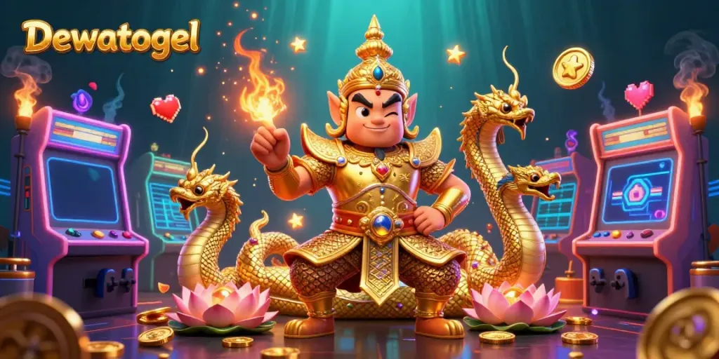 Dewatogel showcases vibrant 3D characters in a captivating casino environment, highlighting exciting gaming elements.