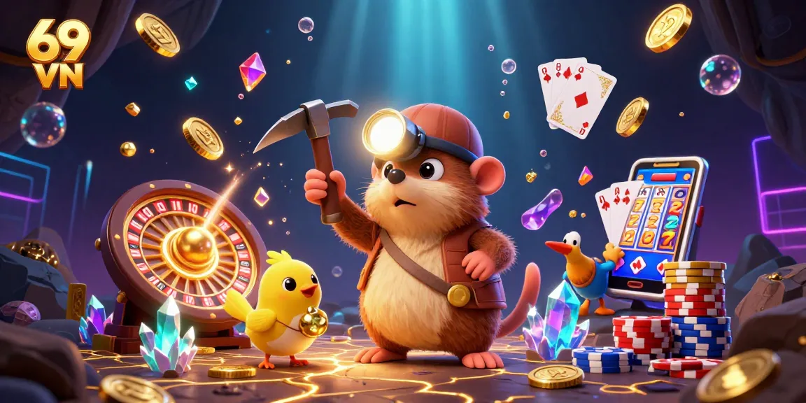 Experience the thrilling excitement of 69 VN with treasure hunting characters amidst sparkling casino symbols.