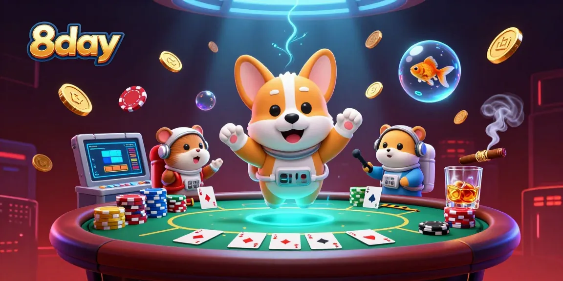 Play at 8day casino as the astronaut corgi floats amid poker chips and 3D gaming visuals.