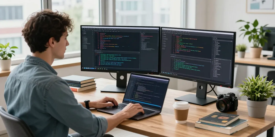 快连 developer in a modern tech workspace coding on dual monitors with city views and gadgets
