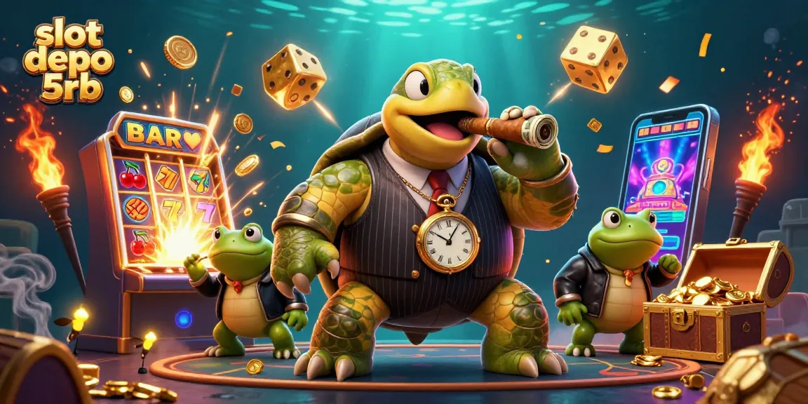 Engage in thrilling gameplay at slot depo 5rb with a fun-filled 3D casino illustration featuring iconic symbols and a dynamic atmosphere.