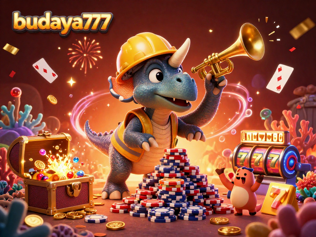 Keberuntungan di budaya777 saat triceratops membangun tumpukan chip poker dalam perayaan bermain kasino.