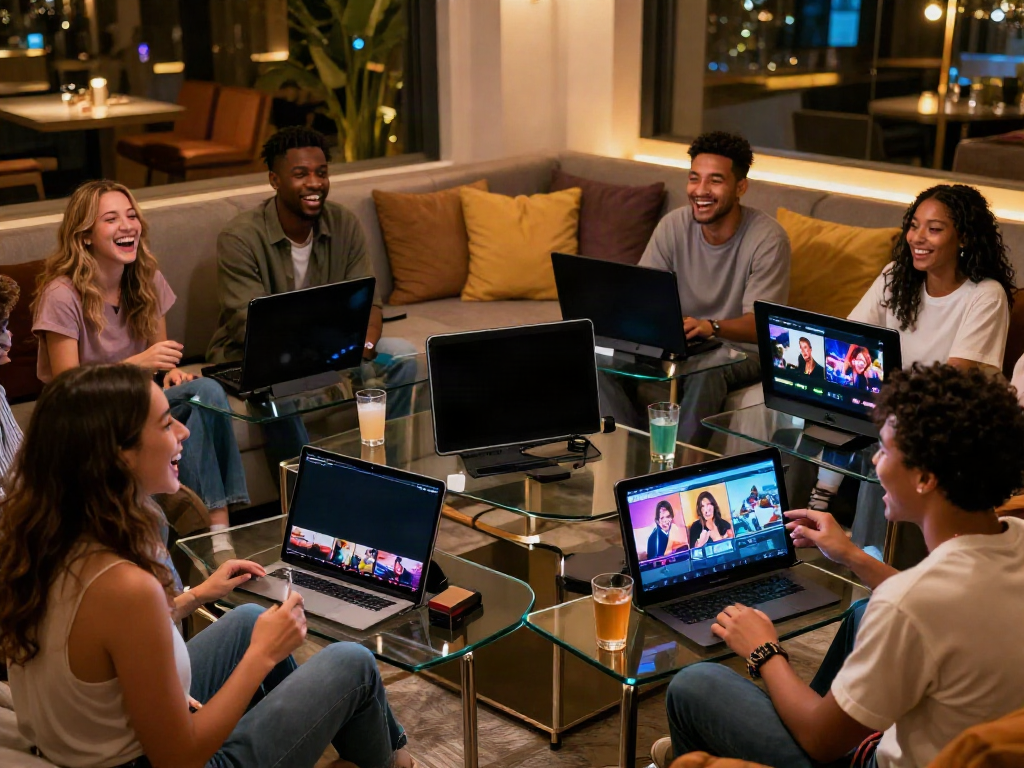 Friends engaged in a fun viewing session of hornyleak videos in a stylish lounge.