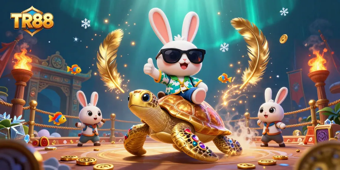 Experience thrills at TR88 with a lively scene featuring a lucky rabbit and sea turtle, showcasing vibrant gambling action.