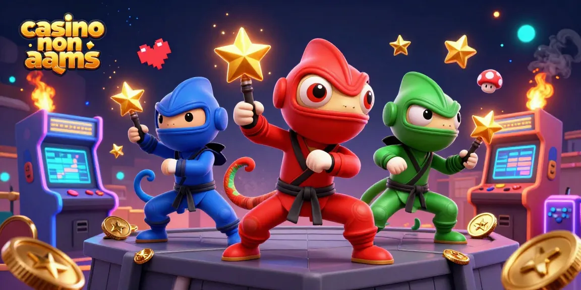 Scopri i casinò non AAMS mentre osservi un team di camaleonti ninja in azione, circondato da elementi vivaci del casinò.