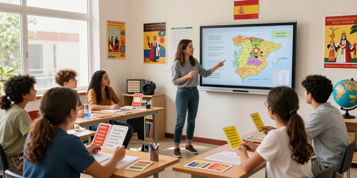 Cours d'espagnol en Espagne, salle de classe immersive en langue espagnole avec leçon interactive et éléments culturels.