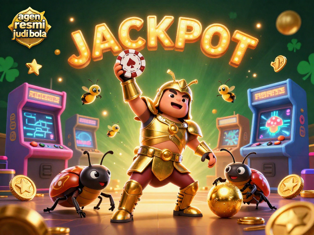 Win big with agen resmi judi bola in a vibrant gaming world, featuring beetles celebrating a jackpot!
